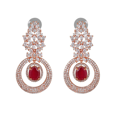 Estele Rose Gold Plated CZ Glamorous Drop Earrings with Ruby Stones for Women