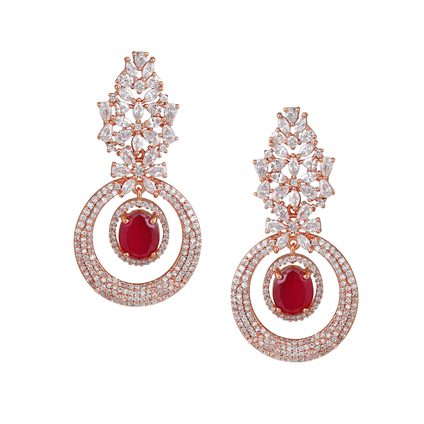 Estele Rose Gold Plated CZ Glamorous Drop Earrings with Ruby Stones for Women