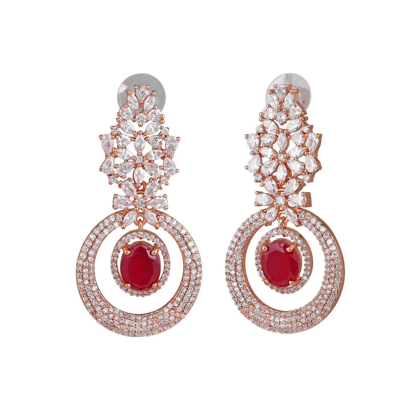 Estele Rose Gold Plated CZ Glamorous Drop Earrings with Ruby Stones for Women