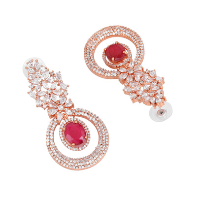 Estele Rose Gold Plated CZ Glamorous Drop Earrings with Ruby Stones for Women