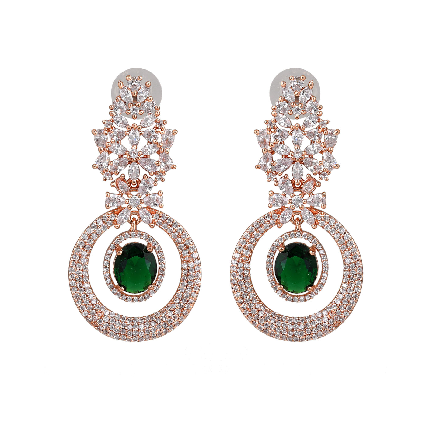 Estele Rose Gold Plated CZ Glamorous Drop Earrings with Green Stones for Women