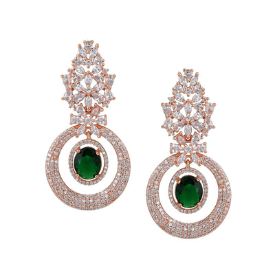 Estele Rose Gold Plated CZ Glamorous Drop Earrings with Green Stones for Women