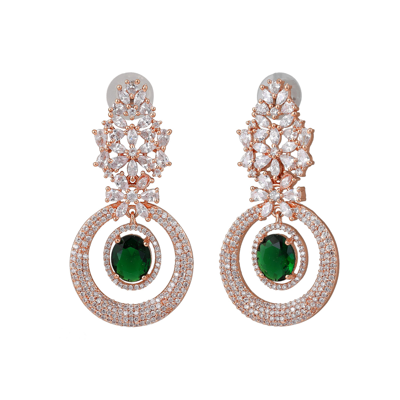 Estele Rose Gold Plated CZ Glamorous Drop Earrings with Green Stones for Women