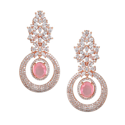 Estele Rose Gold Plated CZ Glamorous Drop Earrings with Mint Pink Stones for Women