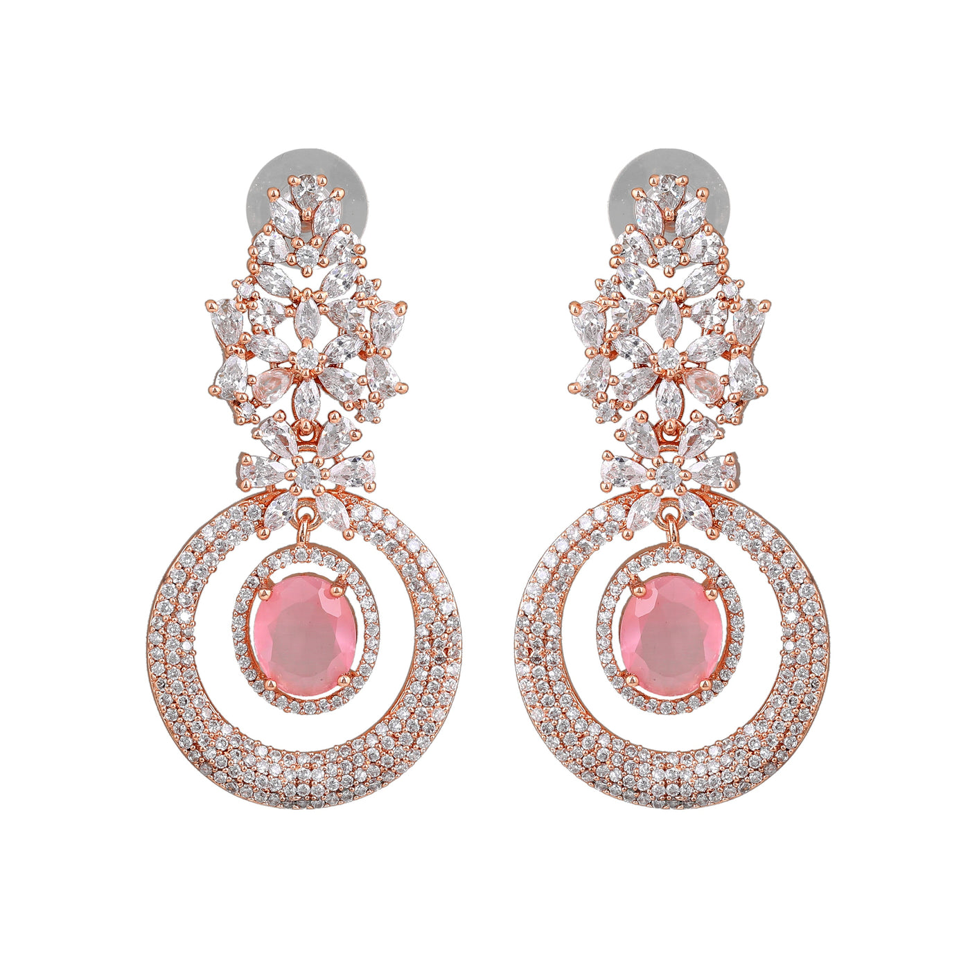 Estele Rose Gold Plated CZ Glamorous Drop Earrings with Mint Pink Stones for Women