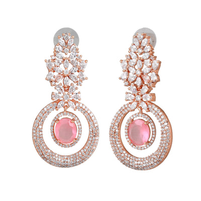 Estele Rose Gold Plated CZ Glamorous Drop Earrings with Mint Pink Stones for Women