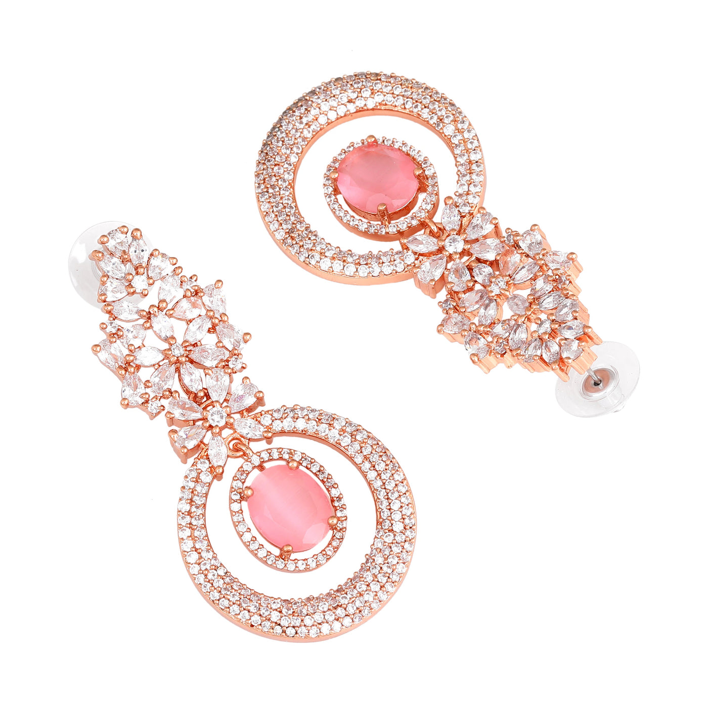 Estele Rose Gold Plated CZ Glamorous Drop Earrings with Mint Pink Stones for Women