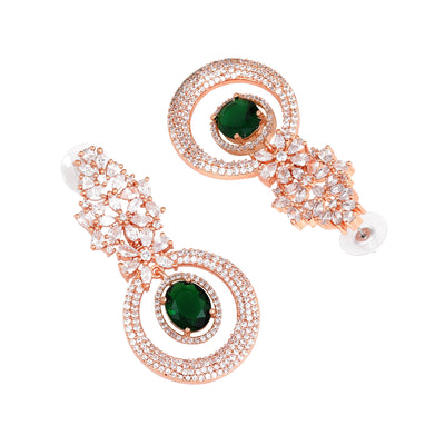 Estele Rose Gold Plated CZ Glamorous Drop Earrings with Green Stones for Women