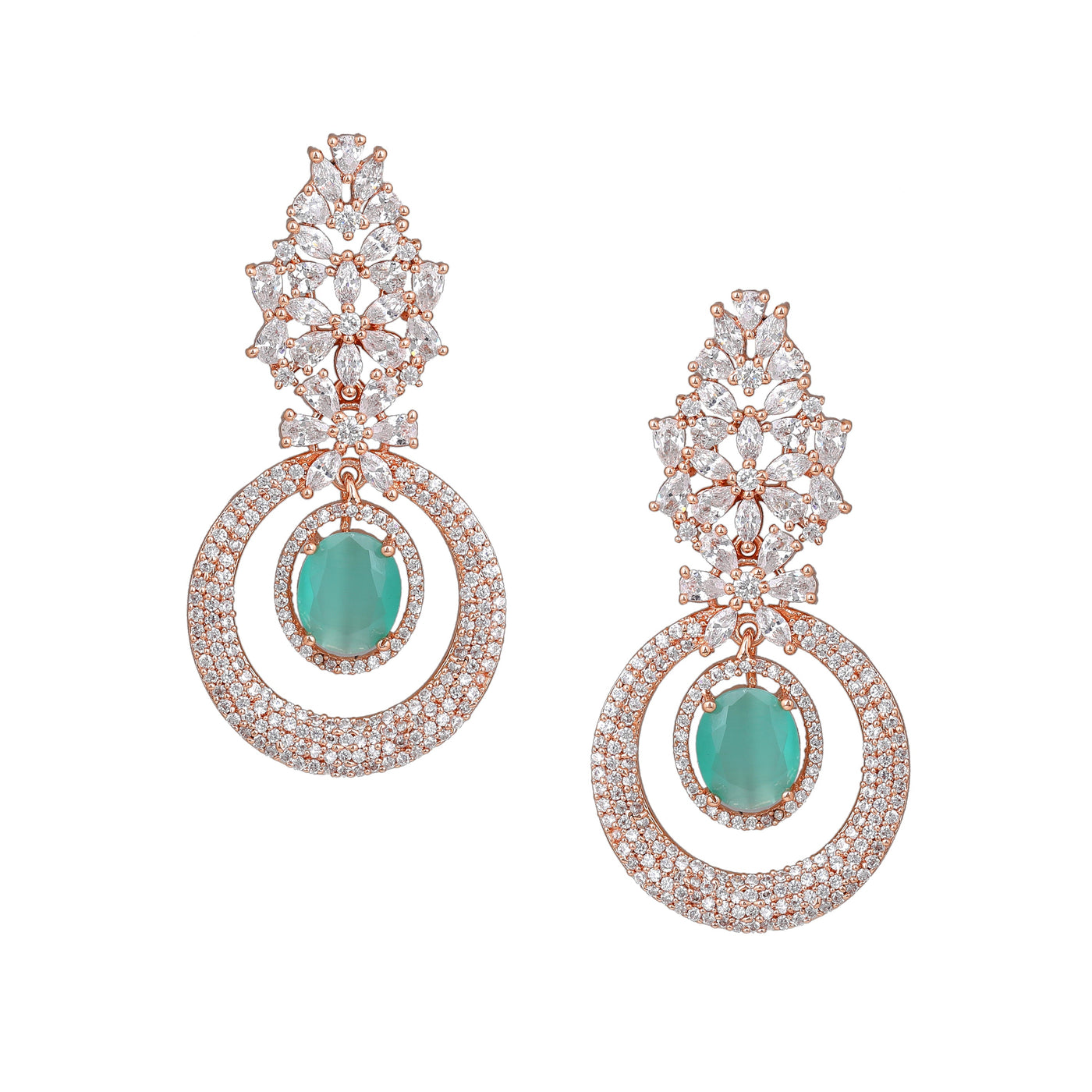 Estele Rose Gold Plated CZ Glamorous Drop Earrings with Mint Green Stones for Women