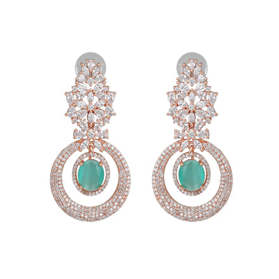 Estele Rose Gold Plated CZ Glamorous Drop Earrings with Mint Green Stones for Women