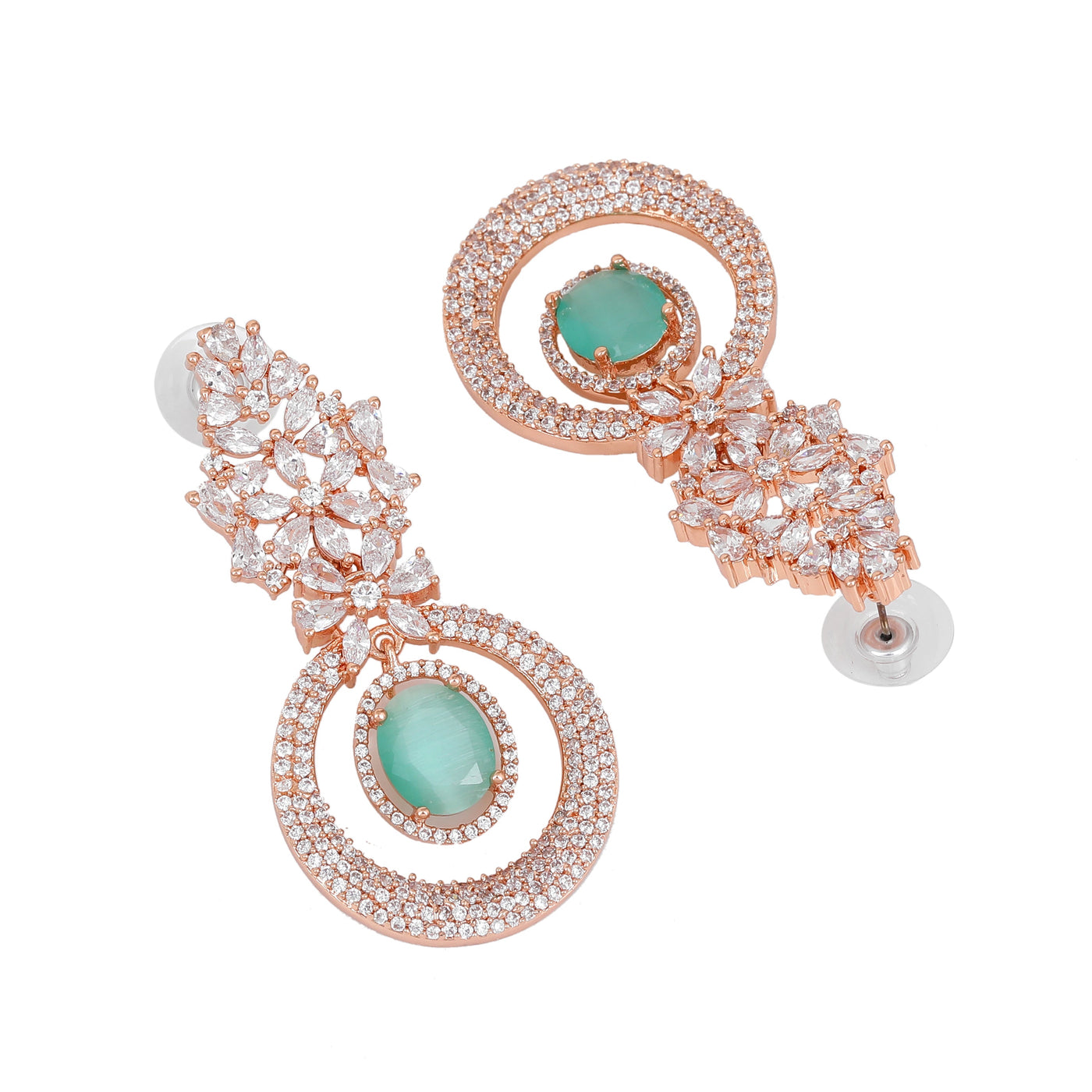 Estele Rose Gold Plated CZ Glamorous Drop Earrings with Mint Green Stones for Women