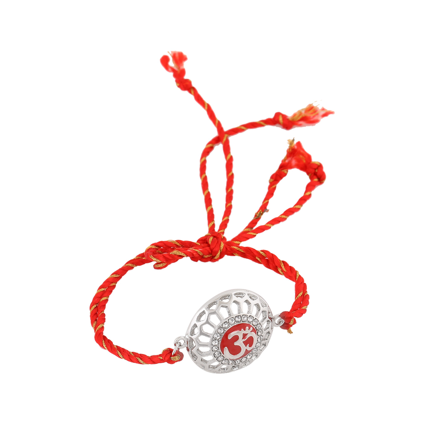 Estele Rhodium Plated Red Enamel Om Rakhi with Fancy Silk Thread