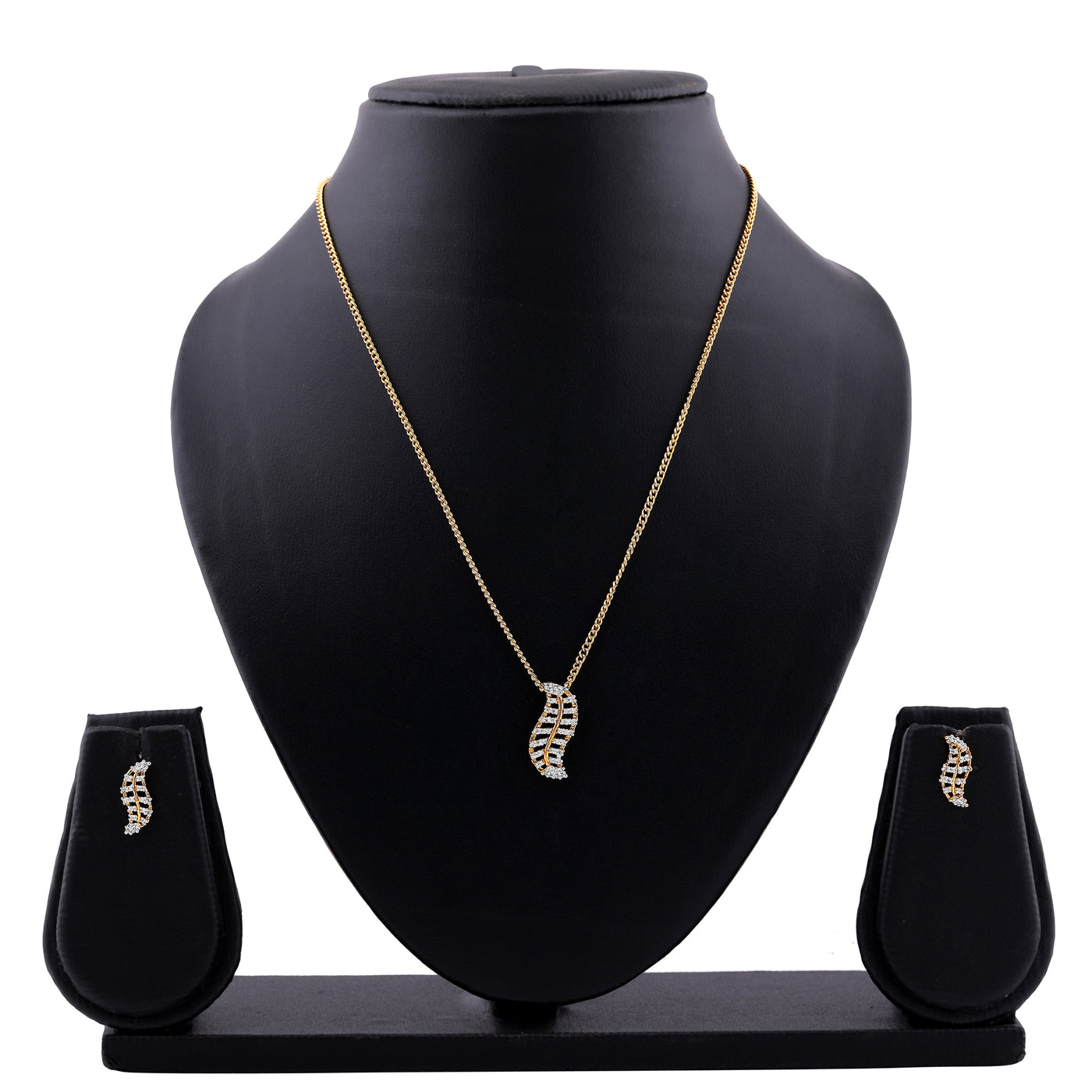 Estele Gold Plated Leaf Shaped Pendant Necklace Set with White American Diamonds for Girls & Women