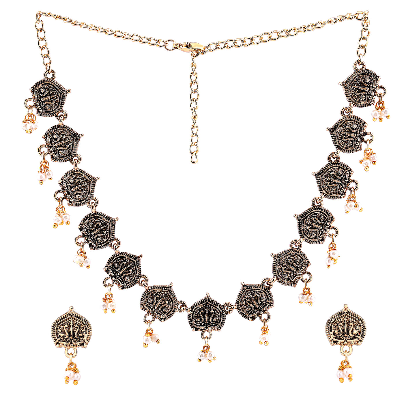 Estele Gold Plated Antique Traditional Choker Necklace Set with Glowing Pearls for Women