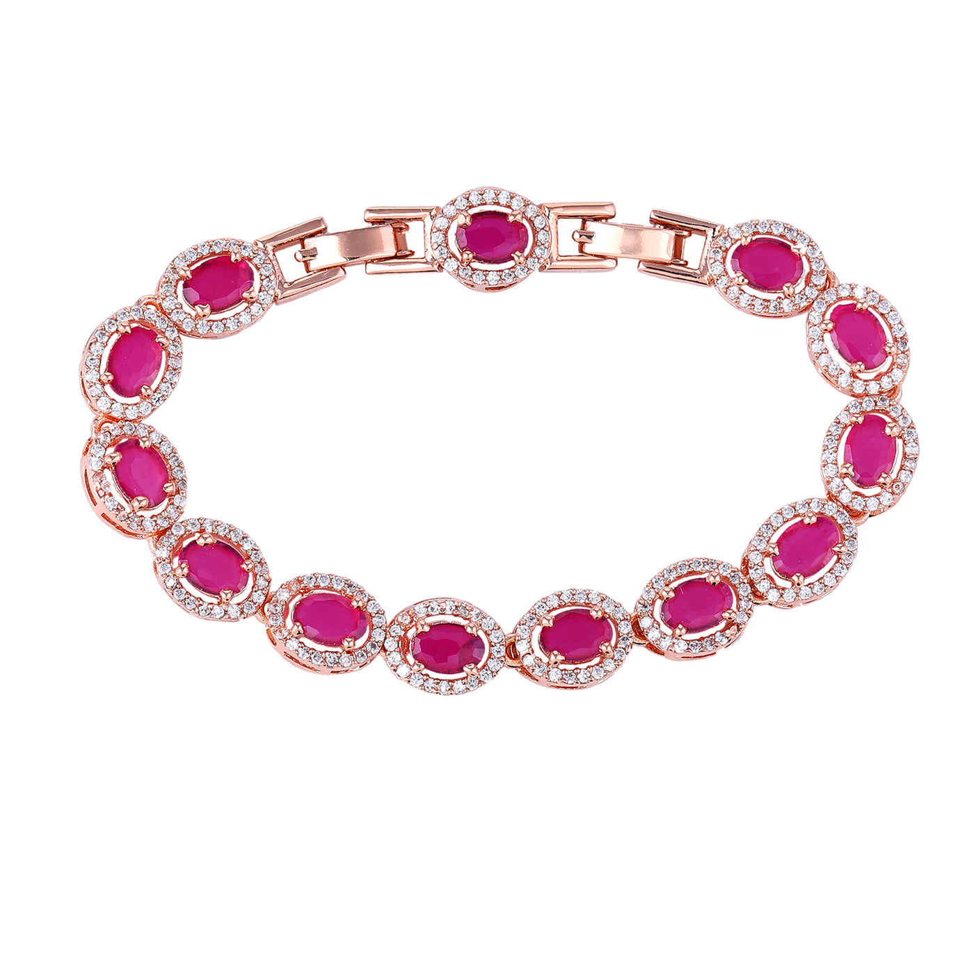 Estele Rosegold Plated Exquisite Ruby American Diamond Adorned Charm Bracelet for Women – A Touch of Luxury for Your Style