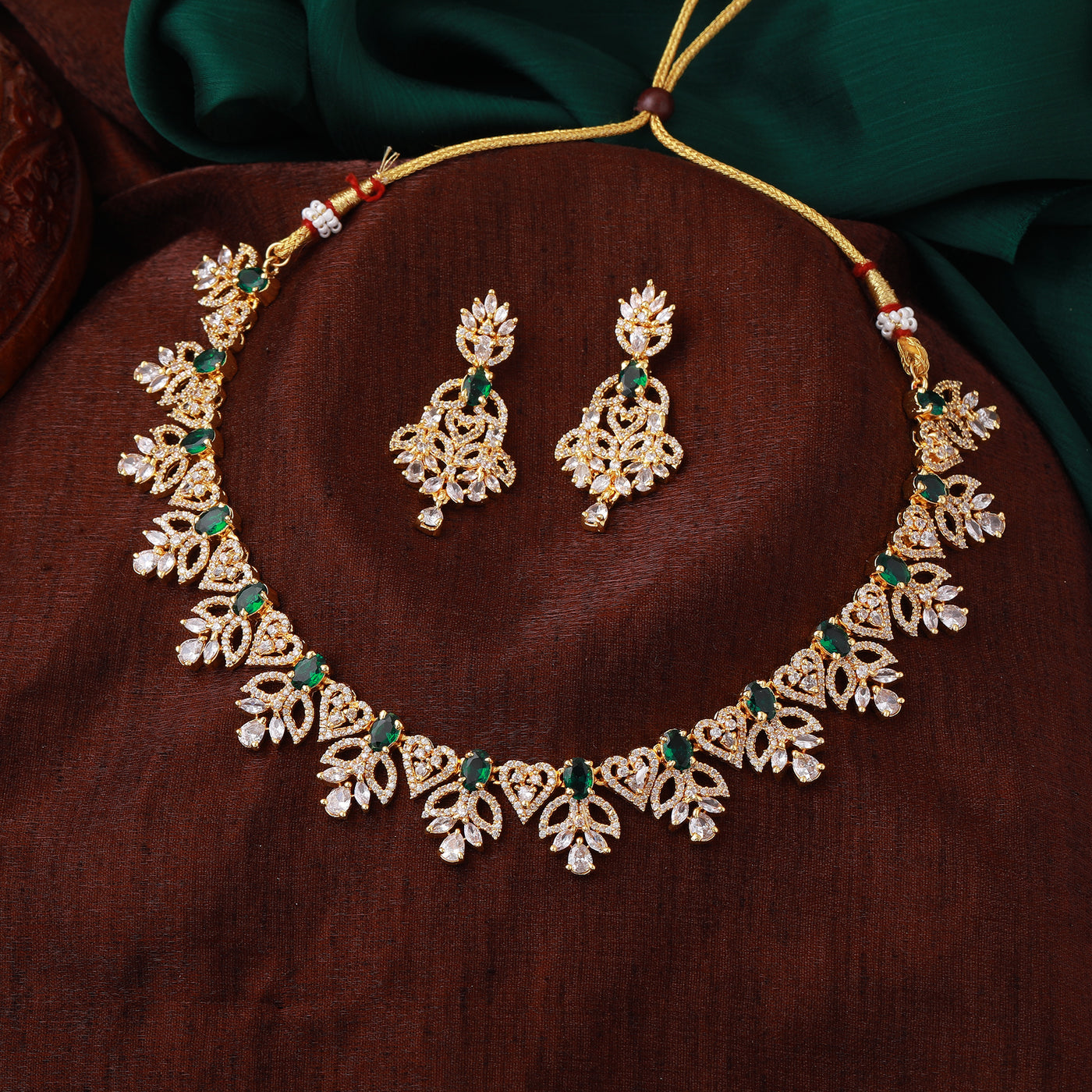 Estele Gold Plated CZ Dazzling Designer Necklace Set with Green Stones for Women