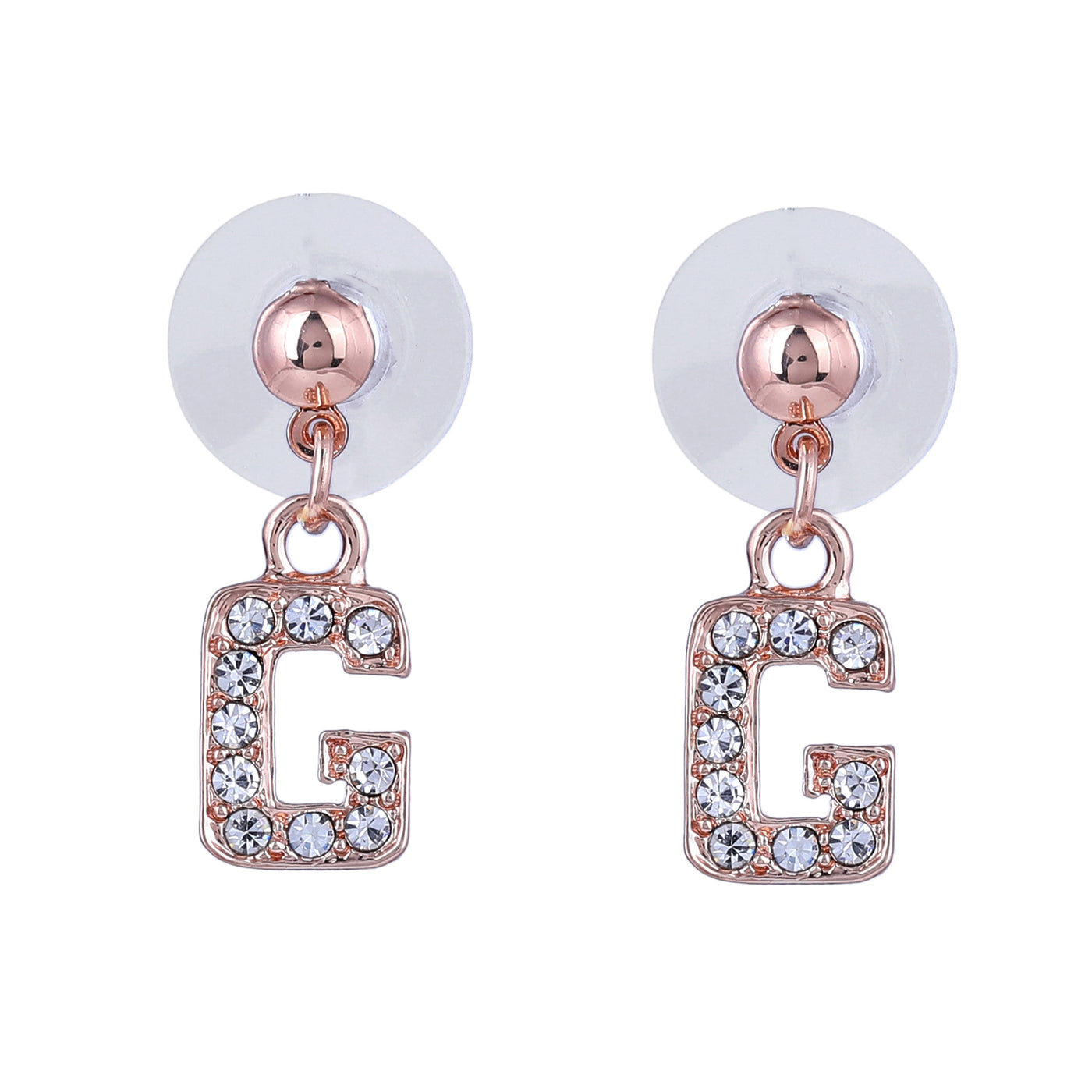 Estele Rose Gold Plated Magnificent Medium 'G' Letter Earrings with Crystals for Women