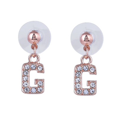 Estele Rose Gold Plated Magnificent Medium 'G' Letter Earrings with Crystals for Women