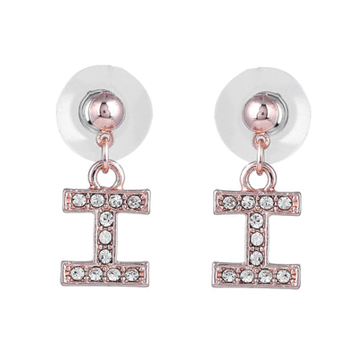 Estele Rose Gold Plated Magnificent Medium 'I' Letter Earrings with Crystals for Women