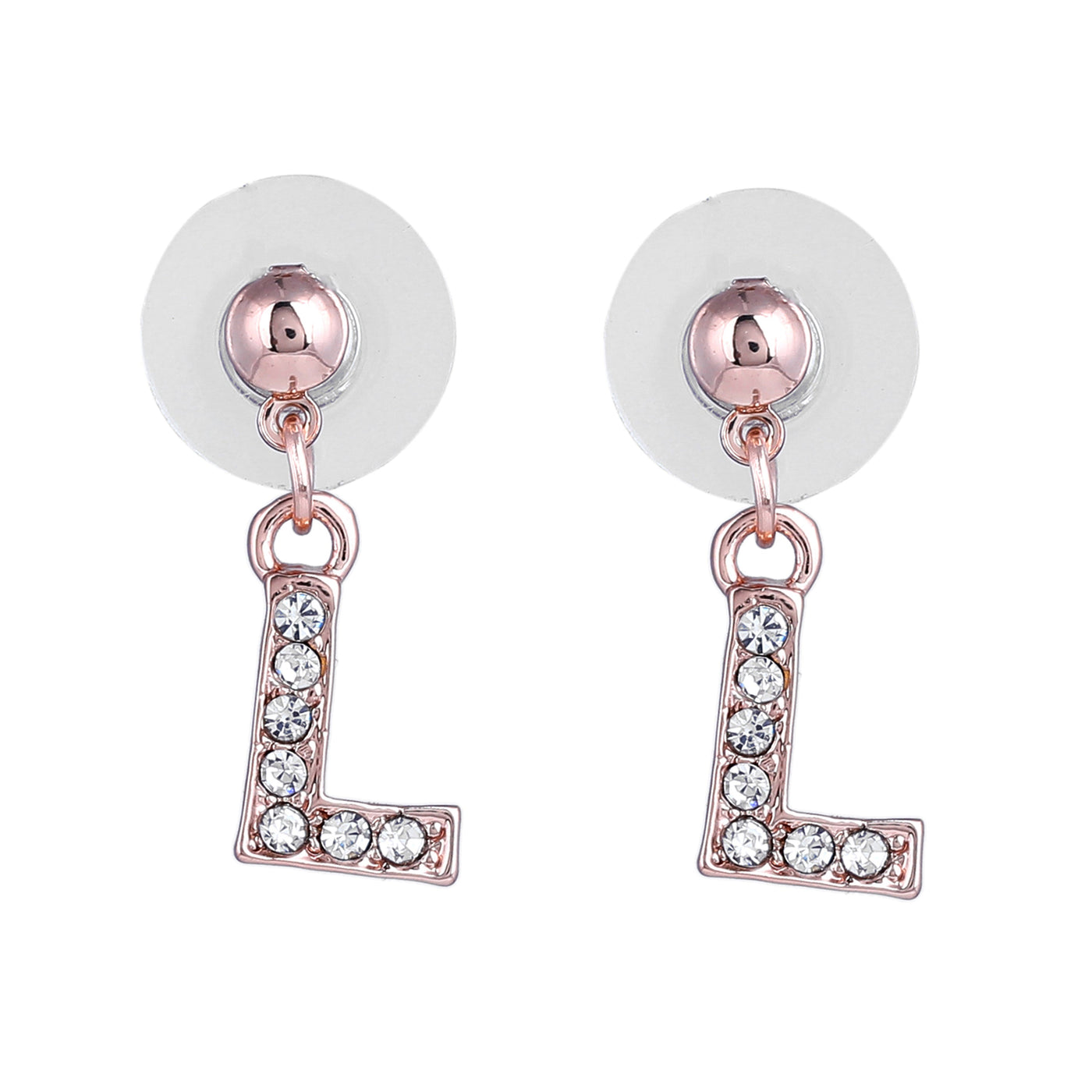 Estele Rose Gold Plated Magnificent Medium 'L' Letter Earrings with Crystals for Women