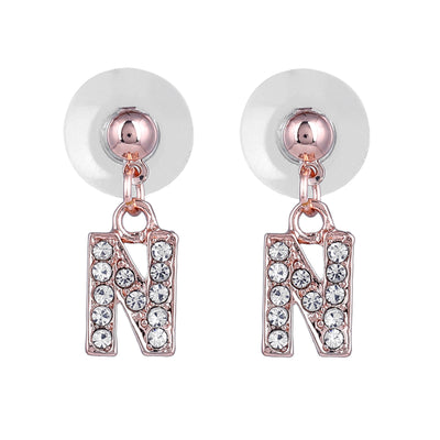 Estele Rose Gold Plated Magnificent Medium 'N' Letter Earrings with Crystals for Women