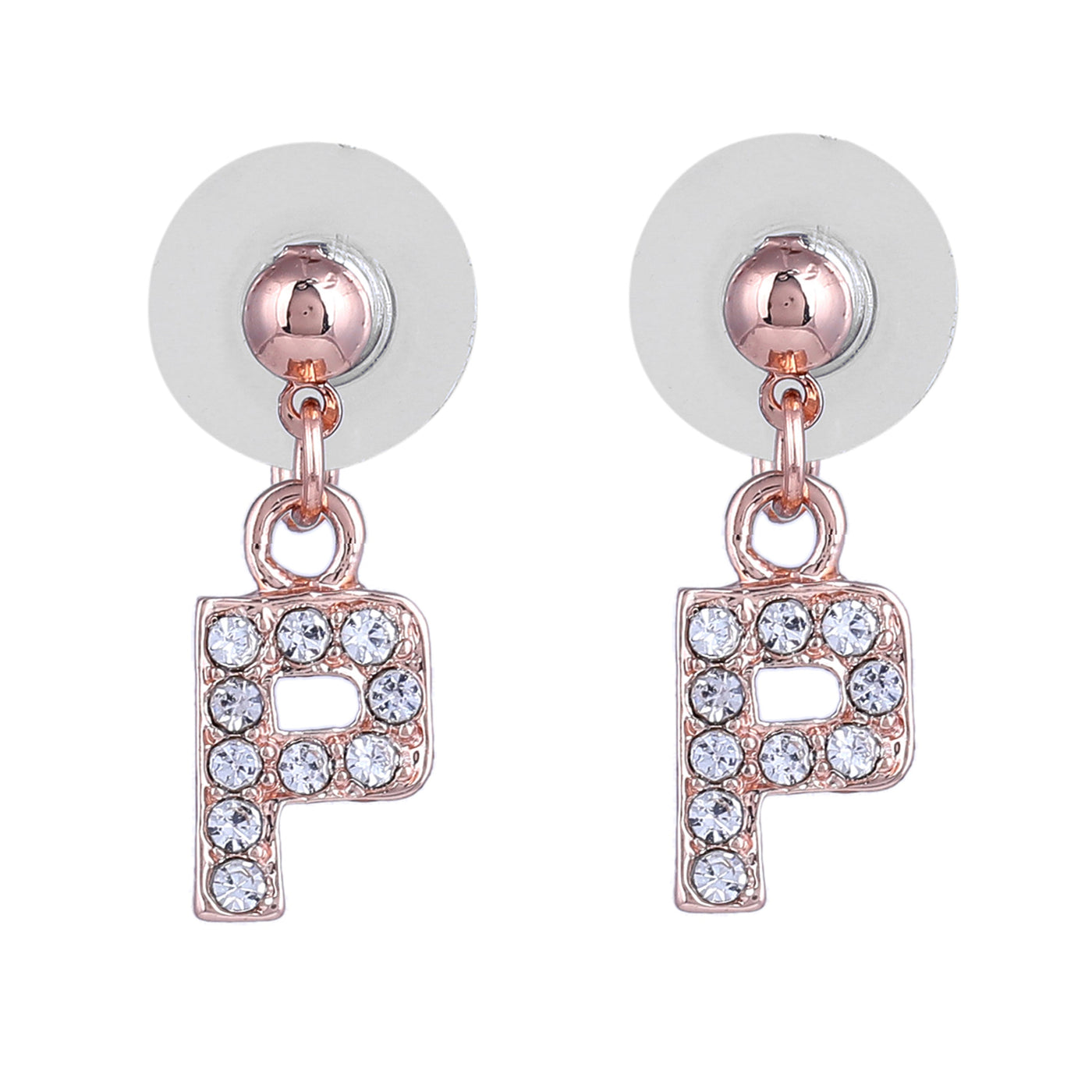 Estele Rose Gold Plated Magnificent Medium 'P' Letter Earrings with Crystals for Women