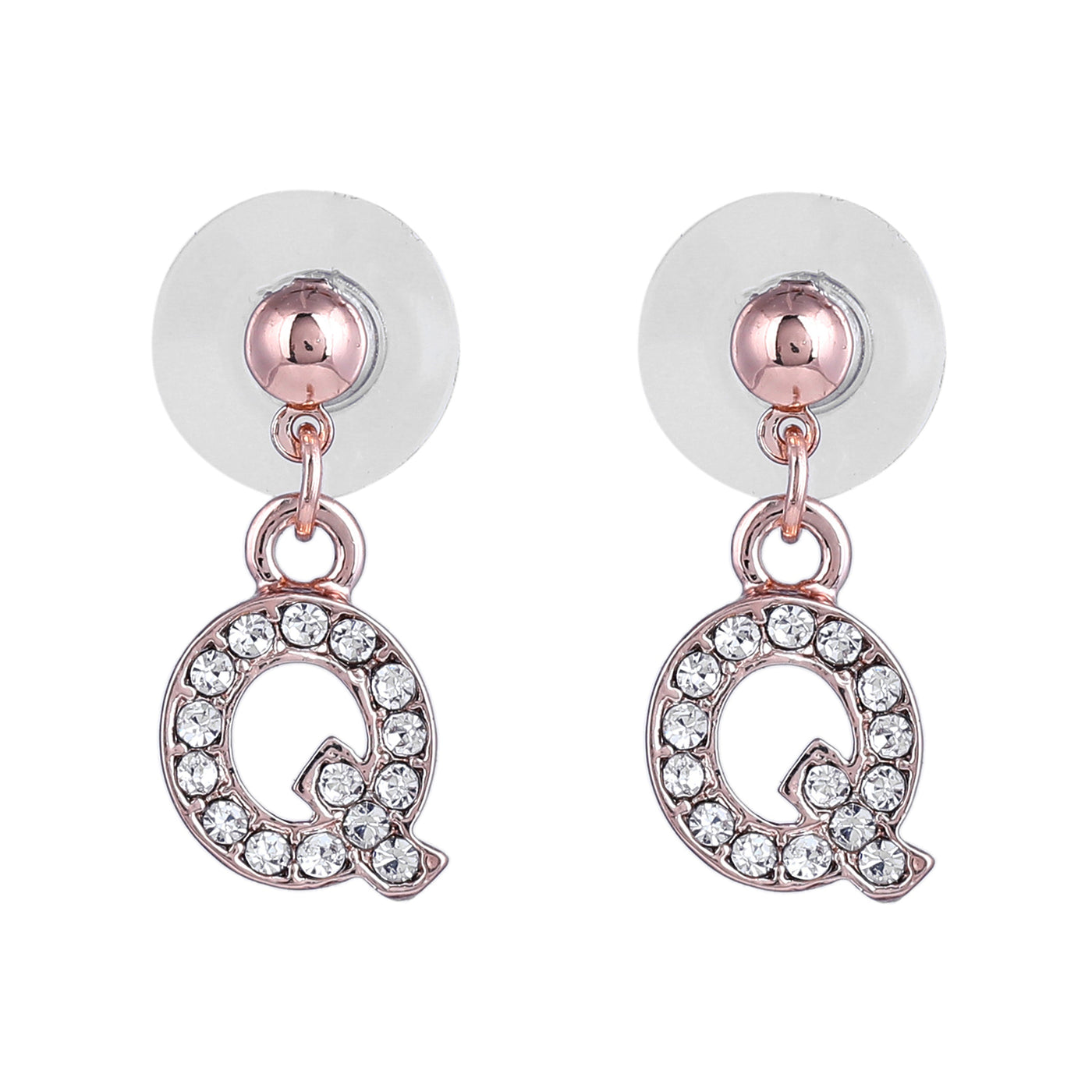 Estele Rose Gold Plated Magnificent Medium 'Q' Letter Earrings with Crystals for Women