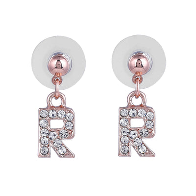 Estele Rose Gold Plated Magnificent Medium 'R' Letter Earrings with Crystals for Women