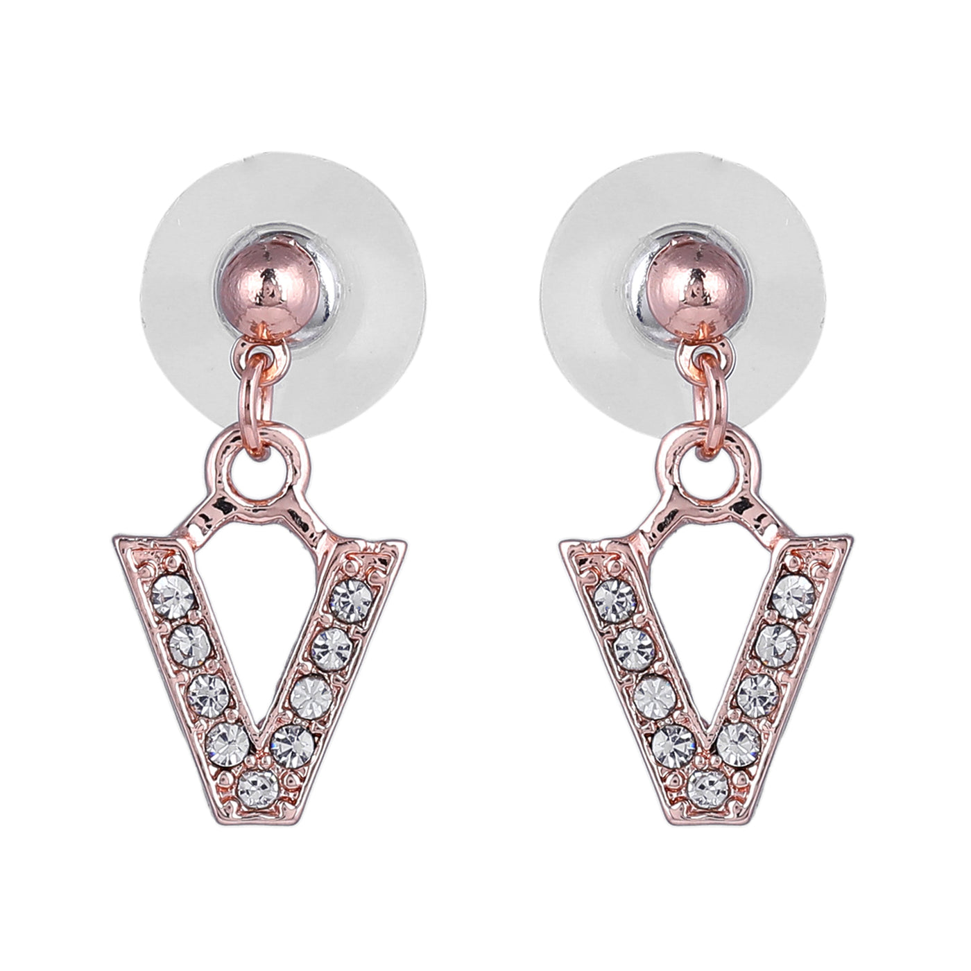 Estele Rose Gold Plated Magnificent Medium 'V' Letter Earrings with Crystals for Women