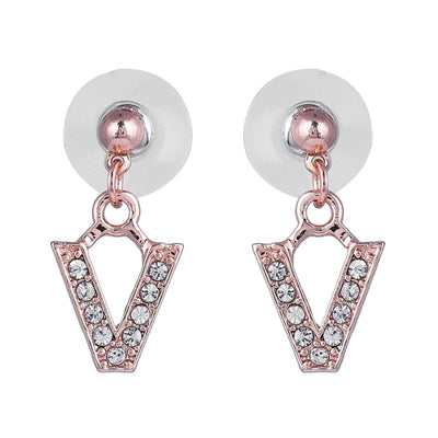 Estele Rose Gold Plated Magnificent Medium 'V' Letter Earrings with Crystals for Women