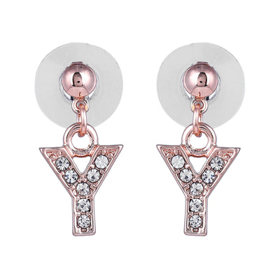 Estele Rose Gold Plated Magnificent Medium 'Y' Letter Earrings with Crystals for Women