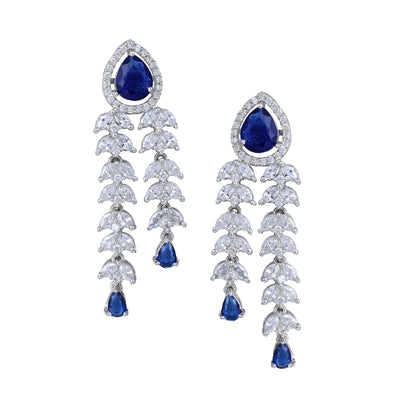 Estele Rhodium Plated CZ Glimmering Earrings with Blue Stones for Women