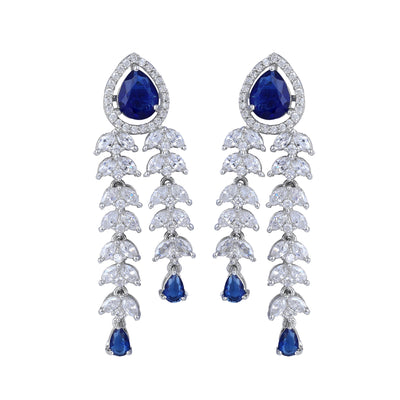 Estele Rhodium Plated CZ Glimmering Earrings with Blue Stones for Women