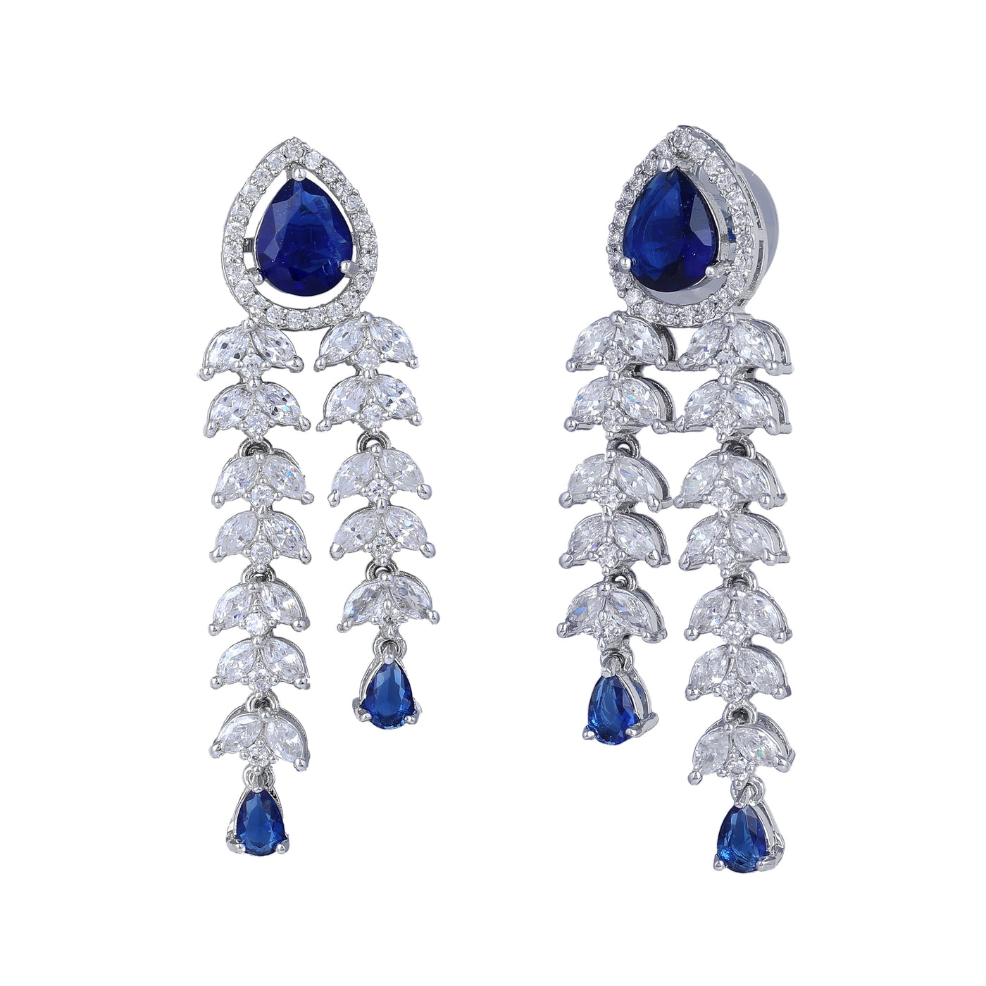 Estele Rhodium Plated CZ Glimmering Earrings with Blue Stones for Women