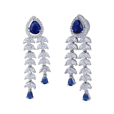 Estele Rhodium Plated CZ Glimmering Earrings with Blue Stones for Women