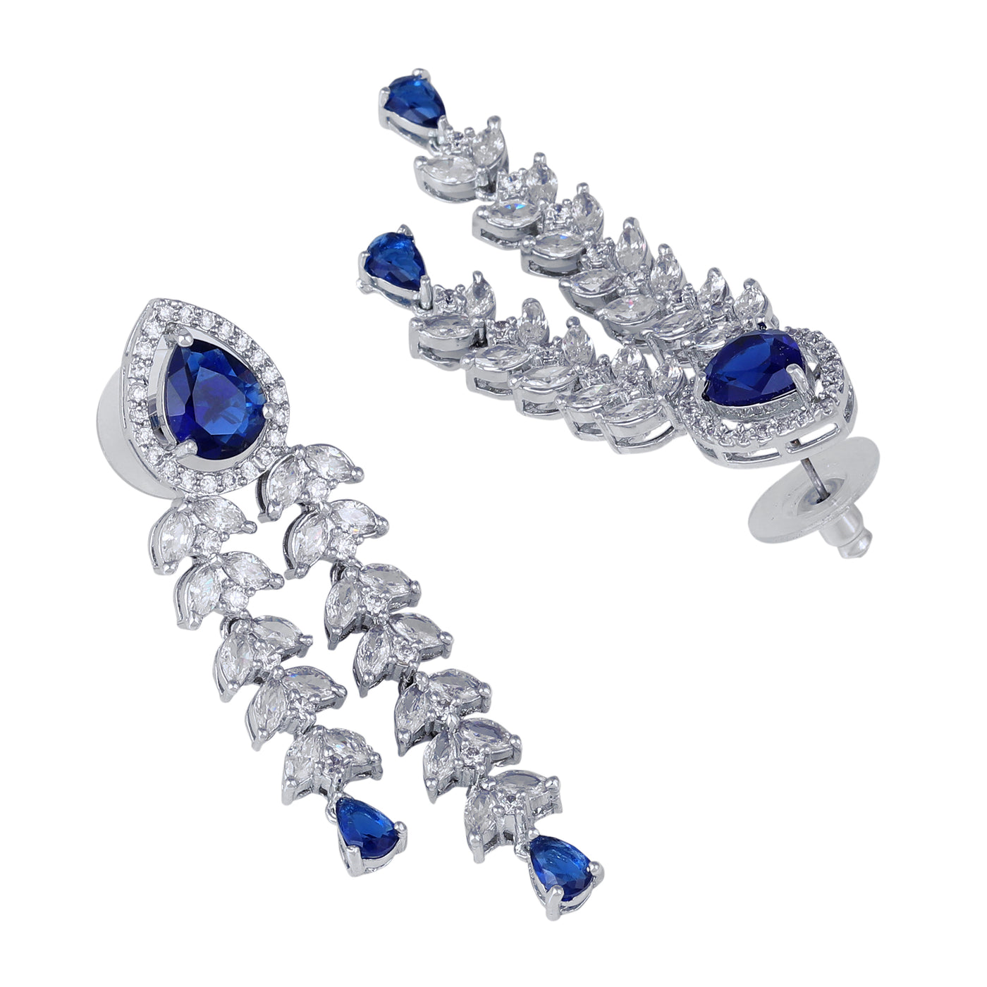 Estele Rhodium Plated CZ Magnificent Three Line Necklace Set with Blue Stones for Women