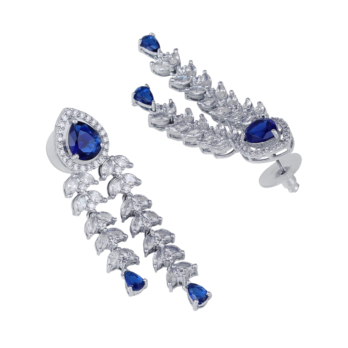 Estele Rhodium Plated CZ Glimmering Earrings with Blue Stones for Women