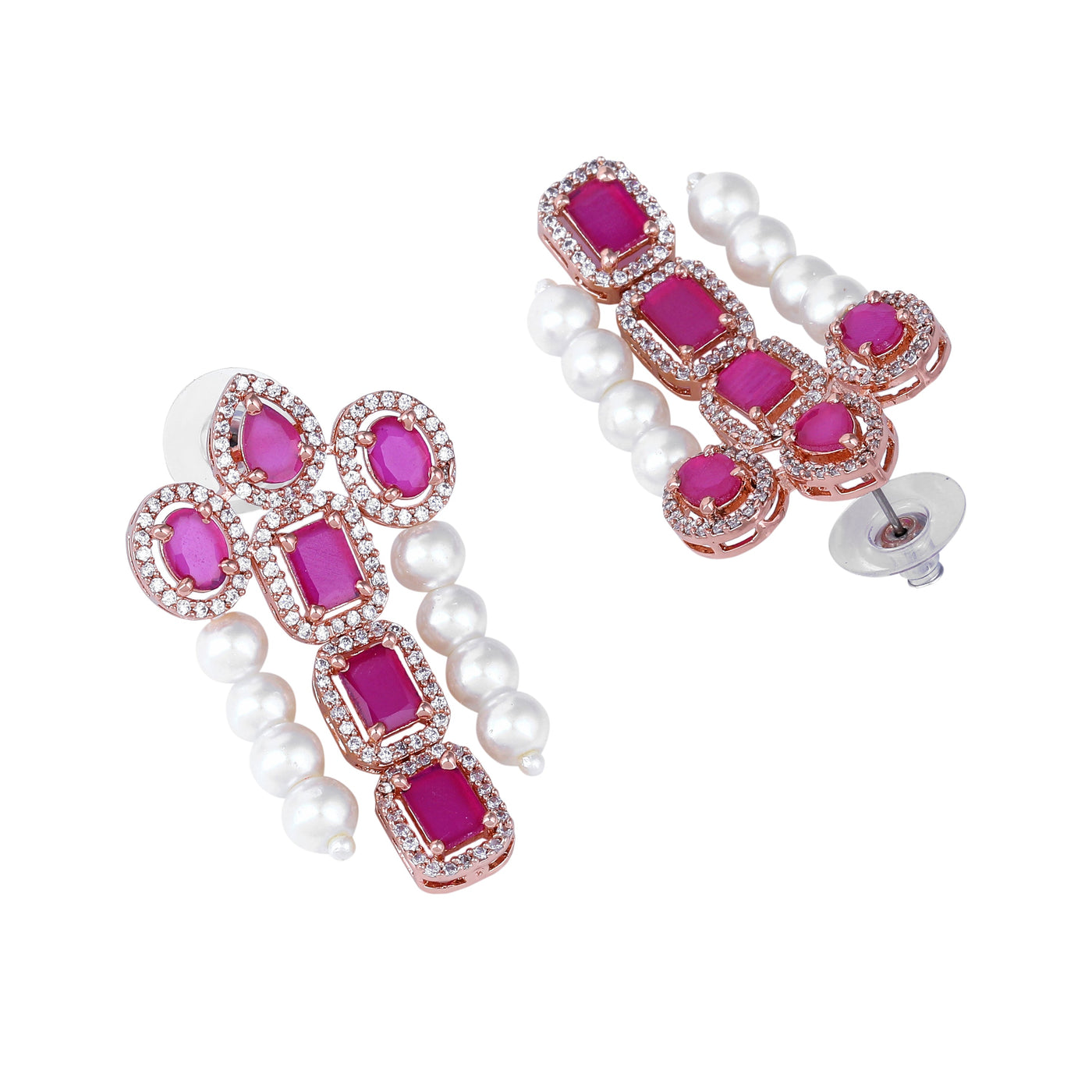 Estele Rose Gold Plated CZ Astonishing Drop Earrings with Ruby Stones & Pearls for Women