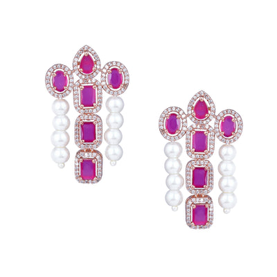 Estele Rose Gold Plated CZ Astonishing Drop Earrings with Ruby Stones & Pearls for Women