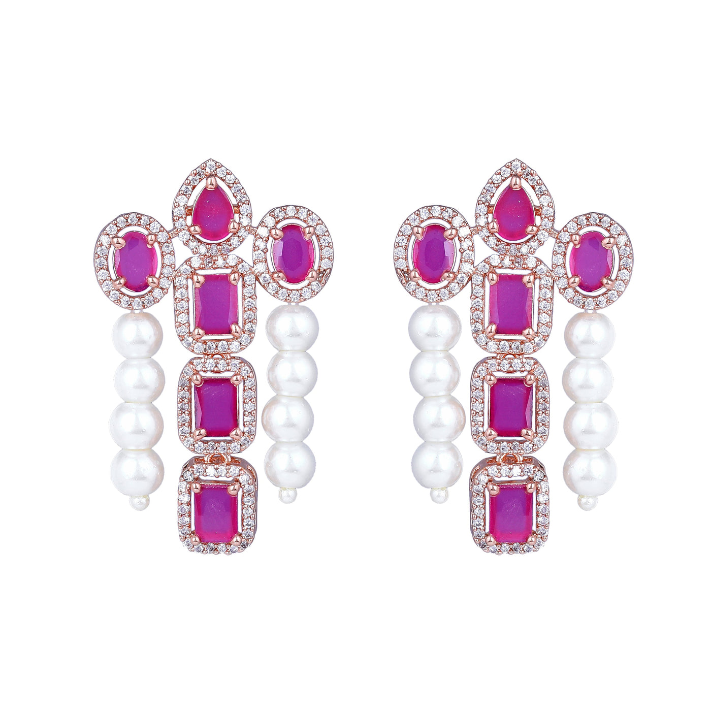 Estele Rose Gold Plated CZ Astonishing Drop Earrings with Ruby Stones & Pearls for Women