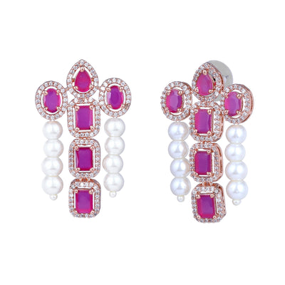 Estele Rose Gold Plated CZ Astonishing Drop Earrings with Ruby Stones & Pearls for Women