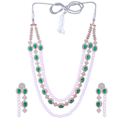 Estele Rose Gold Plated CZ Fascinating Triple-Layered Necklace Set with Green Stones & Pearls for Women