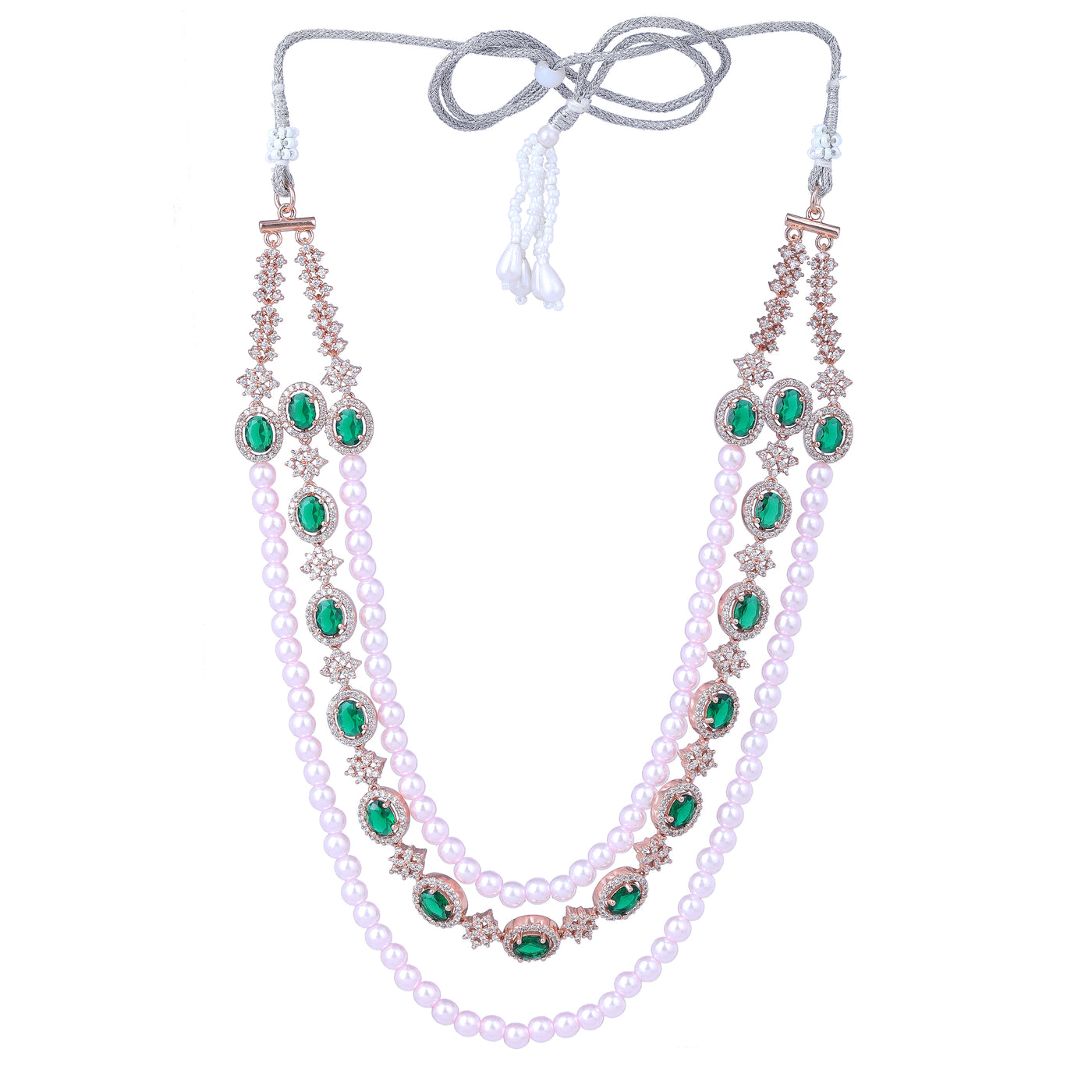 Estele Rose Gold Plated CZ Fascinating Triple-Layered Necklace Set with Green Stones & Pearls for Women