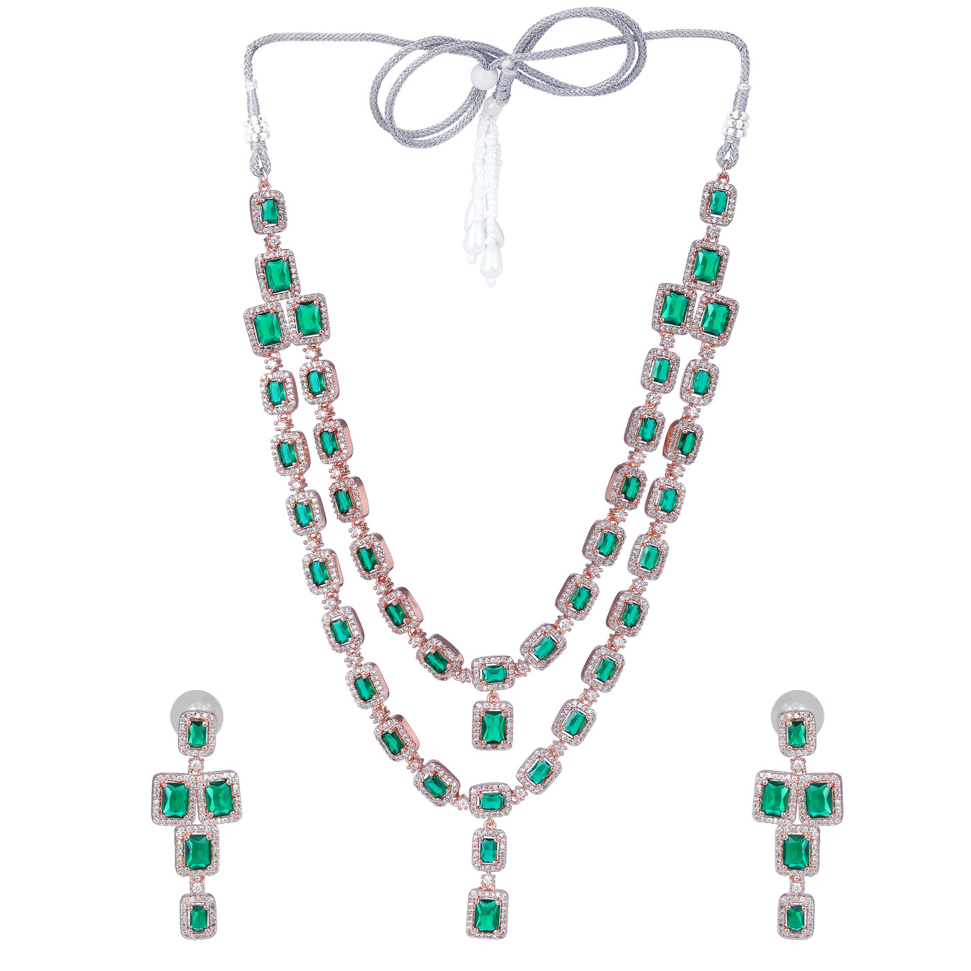 Estele Rose Gold Plated CZ Ravishing Double Line Necklace Set with Green Stones for Women