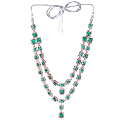 Estele Rose Gold Plated CZ Ravishing Double Line Necklace Set with Green Stones for Women