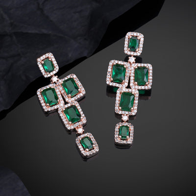 Estele Rose Gold Plated CZ Dazzling Earrings with Green Stones for Women