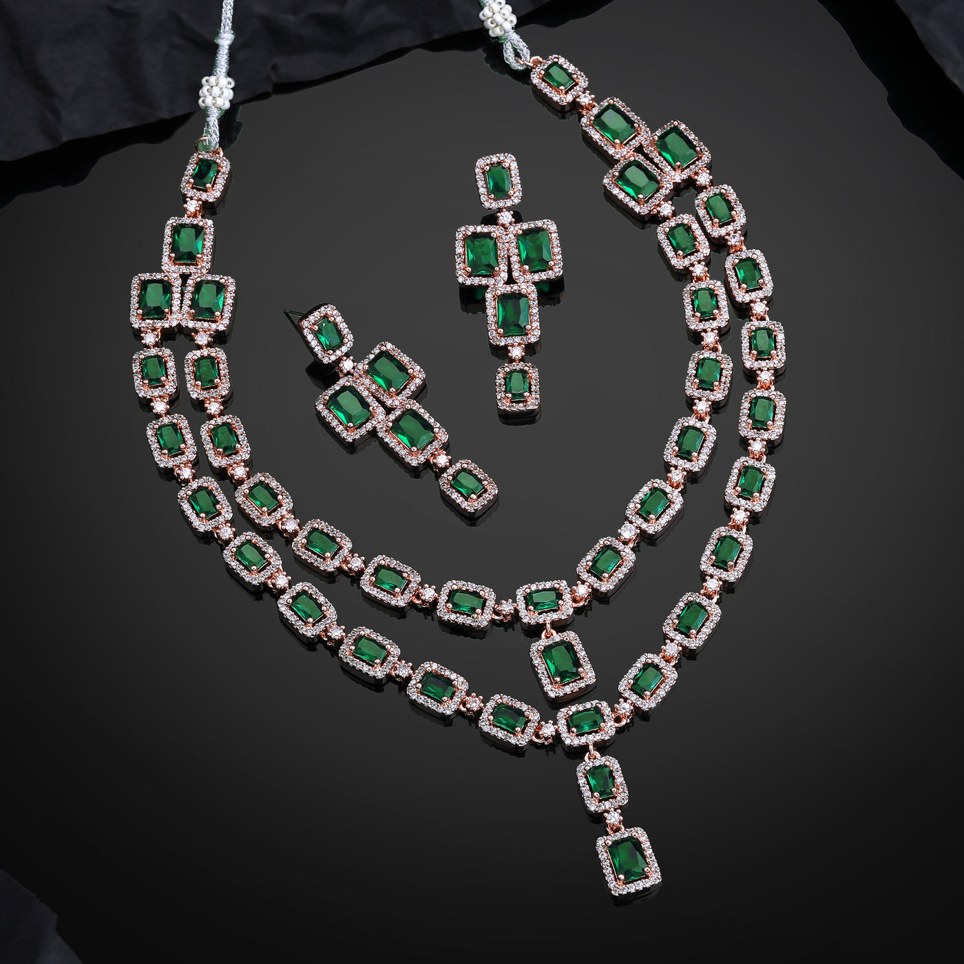 Estele Rose Gold Plated CZ Ravishing Double Line Necklace Set with Green Stones for Women