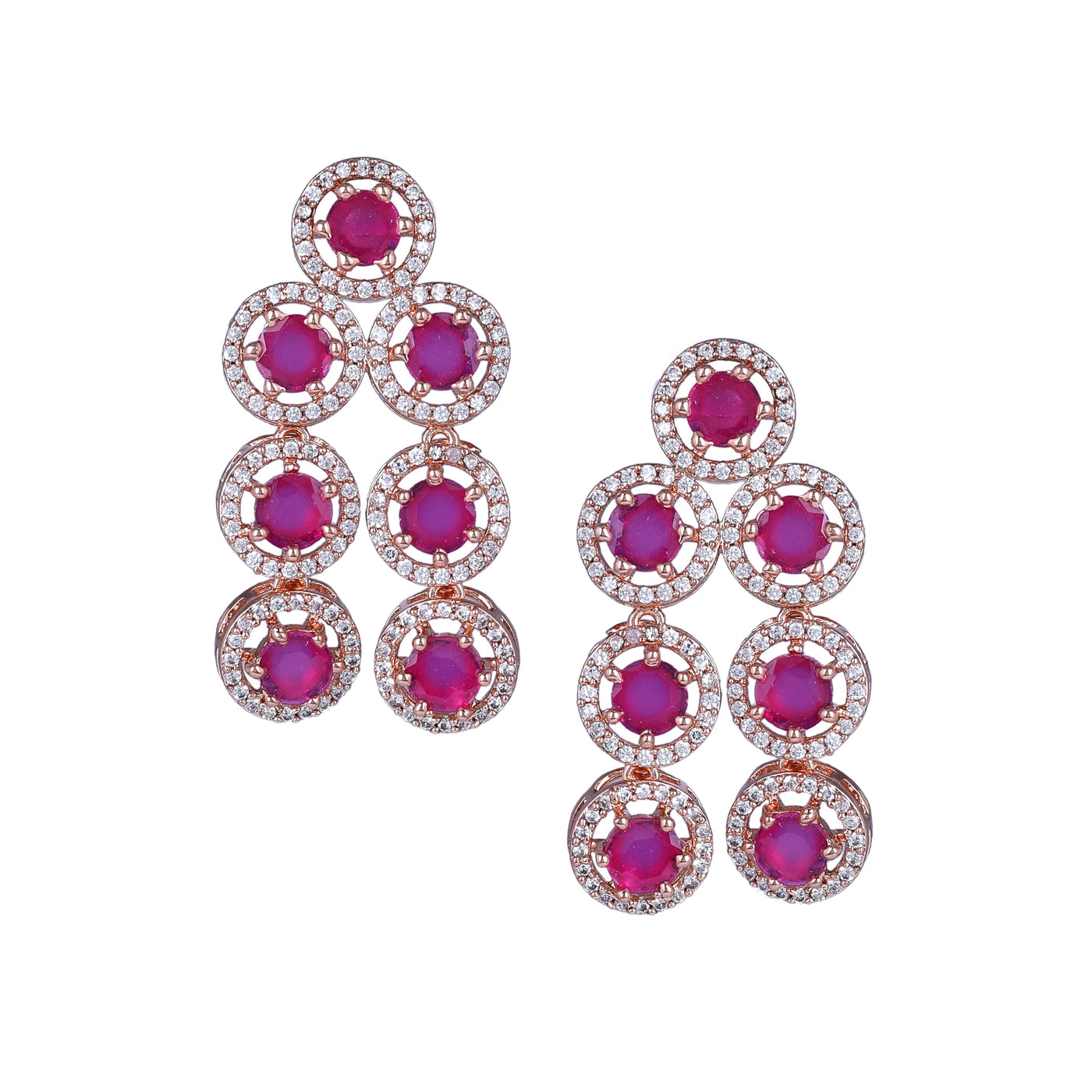 Estele Rose Gold Plated CZ Splendid Drop Earrings with Ruby Stones for Women