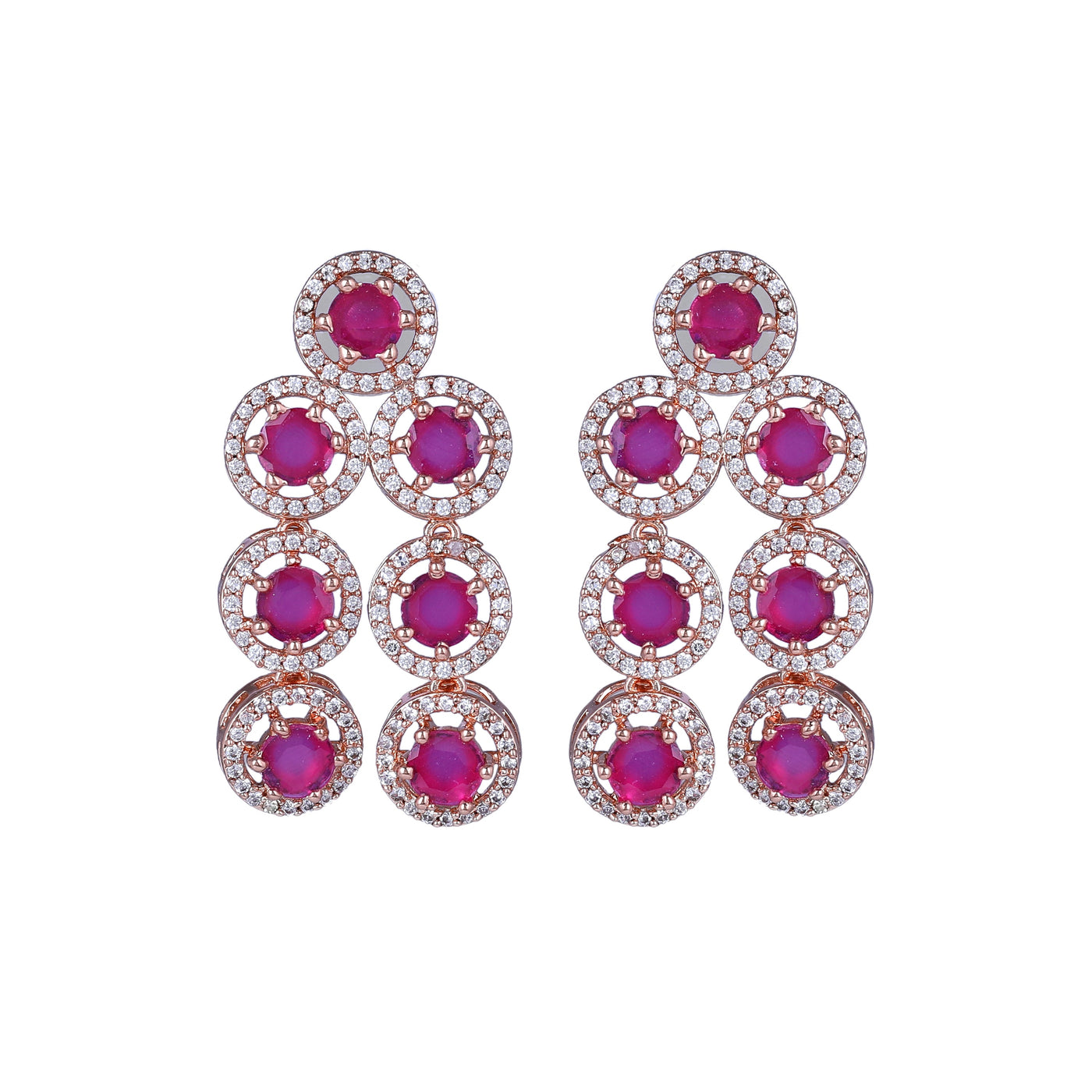 Estele Rose Gold Plated CZ Splendid Drop Earrings with Ruby Stones for Women