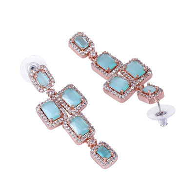 Estele Rose Gold Plated CZ Ravishing Double Line Necklace Set with Mint Green Stones for Women